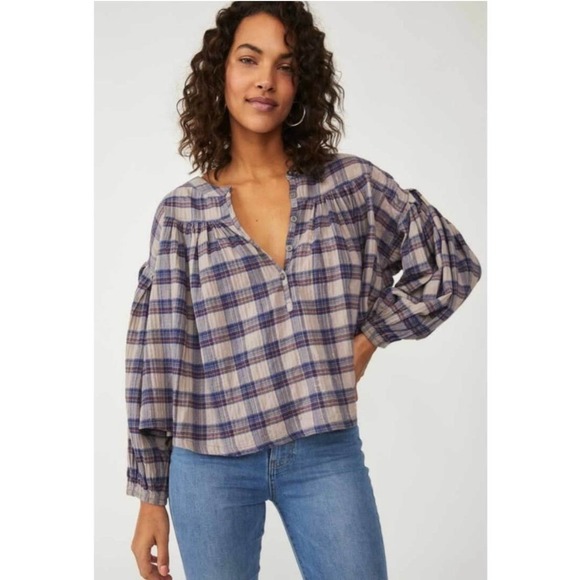 Free People Tops - Free People We The Free M Jessie Plaid Top Grey Combo OB1355779